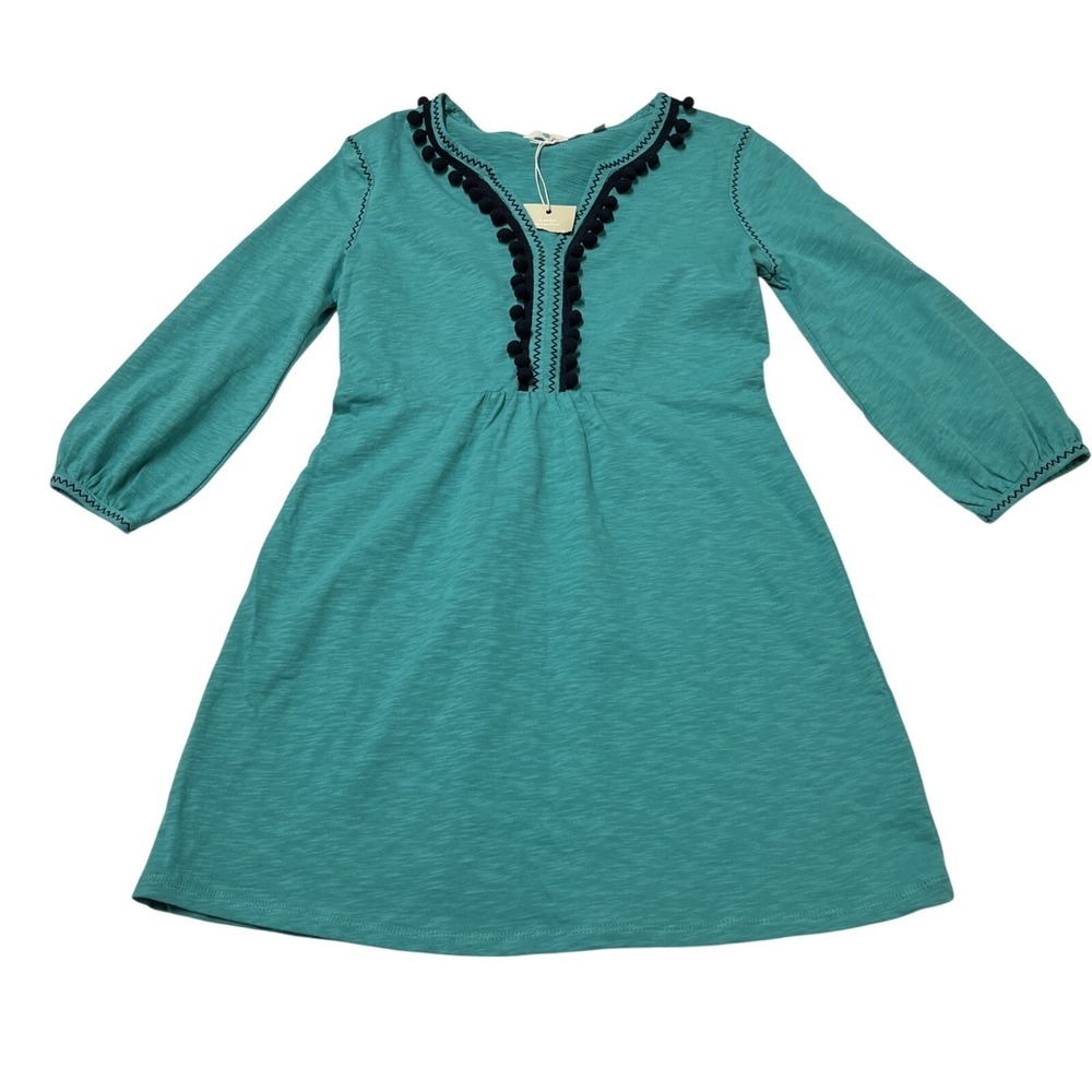 Boden Carina Cover Up Mini Dress Teal Pom Pom Cotton Tunic Size 2 Beach Vacation